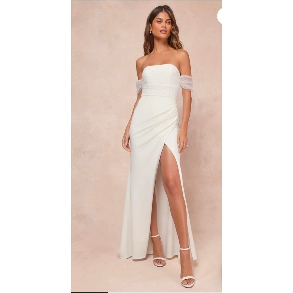 Lulus Women XL Profound Glamour Ivory Maxi Dress Pearl Off-the-Shoulder Bridal